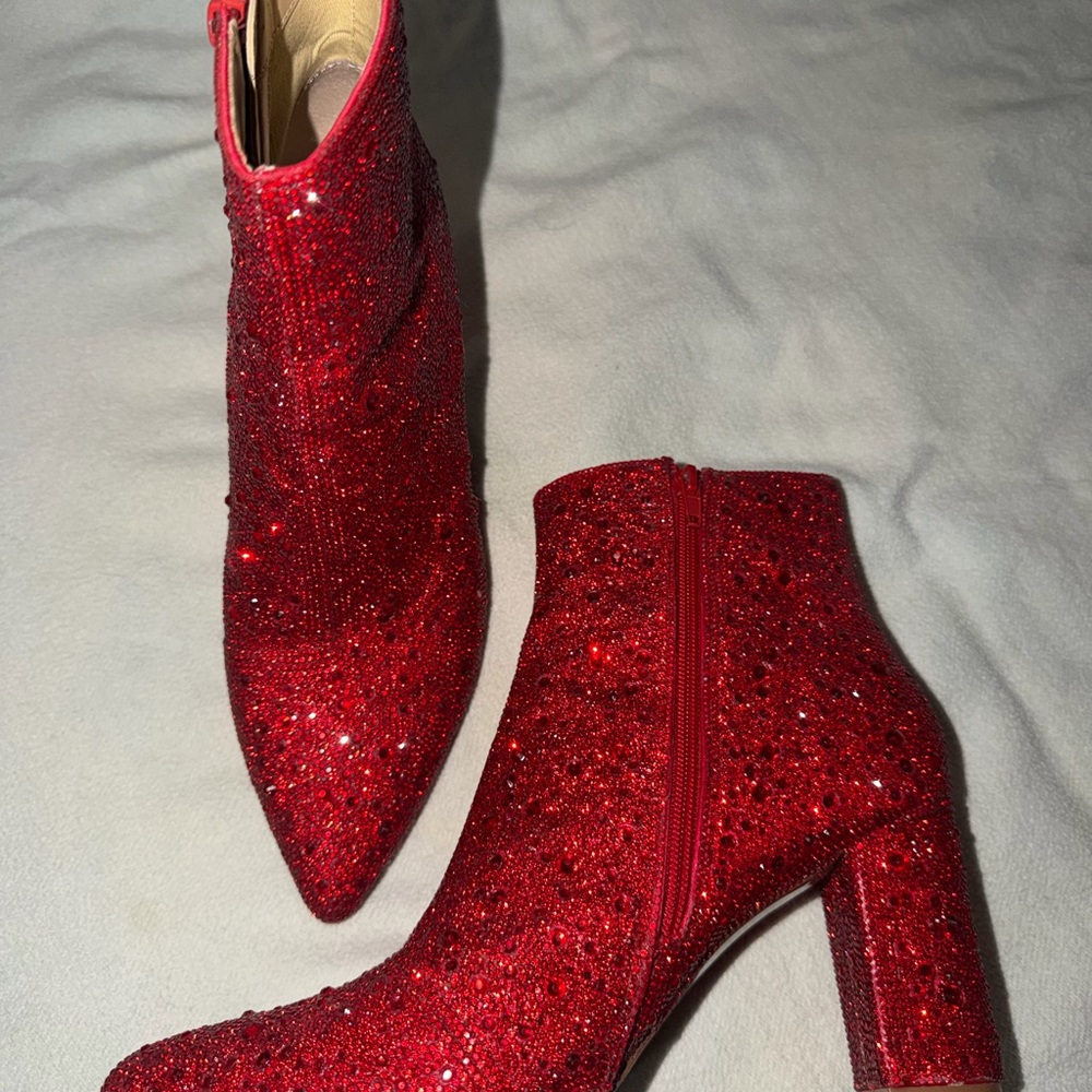 Betsey Johnson Red Glitter Pointed Toe Ankle Booties